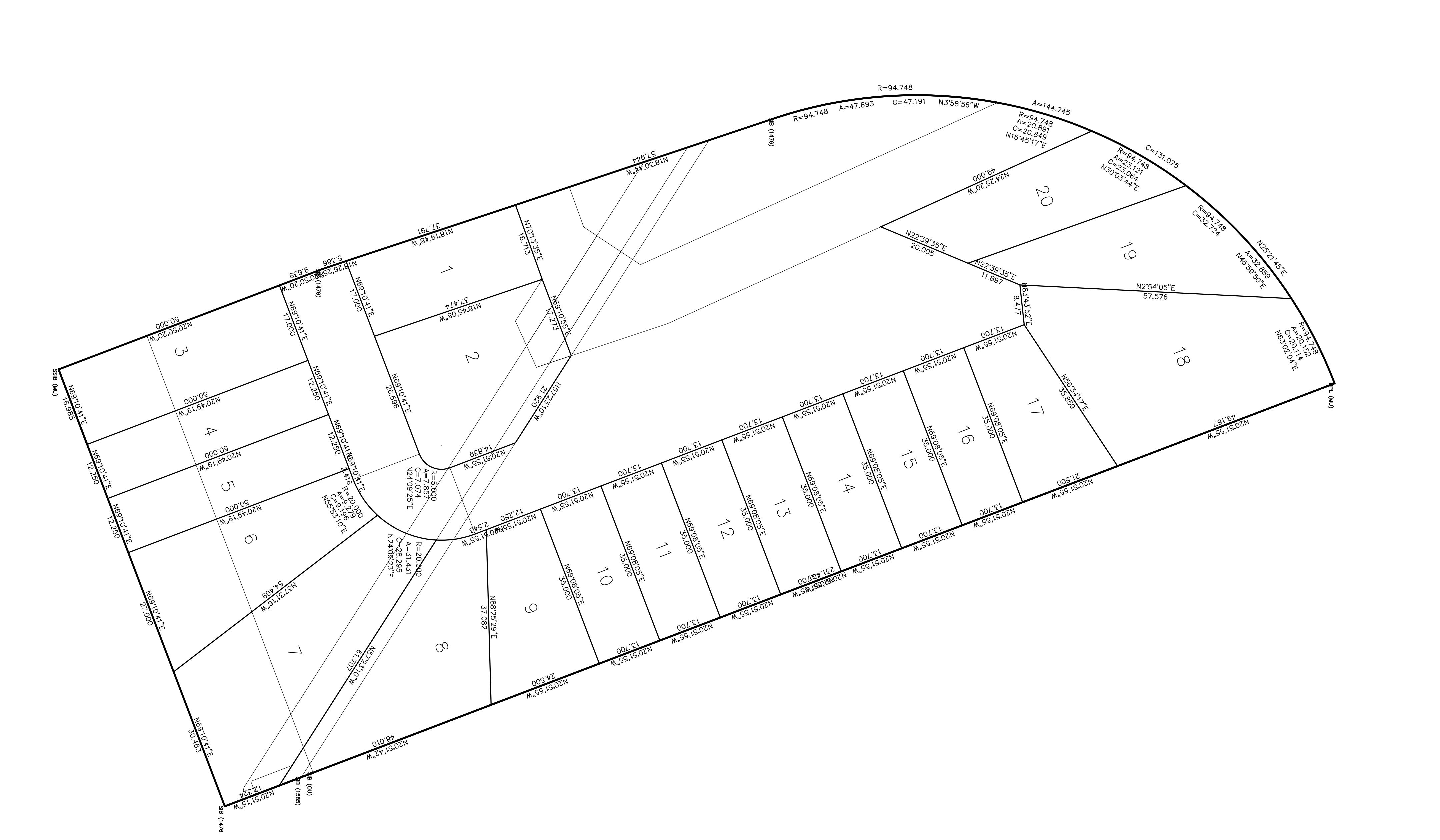 Calla Way Court draft plan of survey — lot boundaries and dimensions for lots 1 through 20